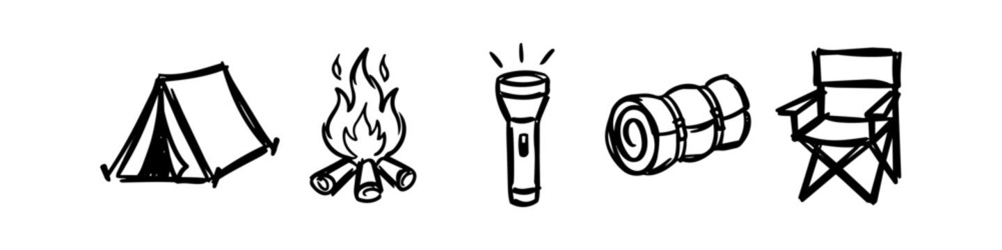 Hand-drawn vector icons of camping equipment including a tent, campfire, flashlight, sleeping bag, and folding chair. Minimalist black and white doodle style for outdoor adventure concepts.