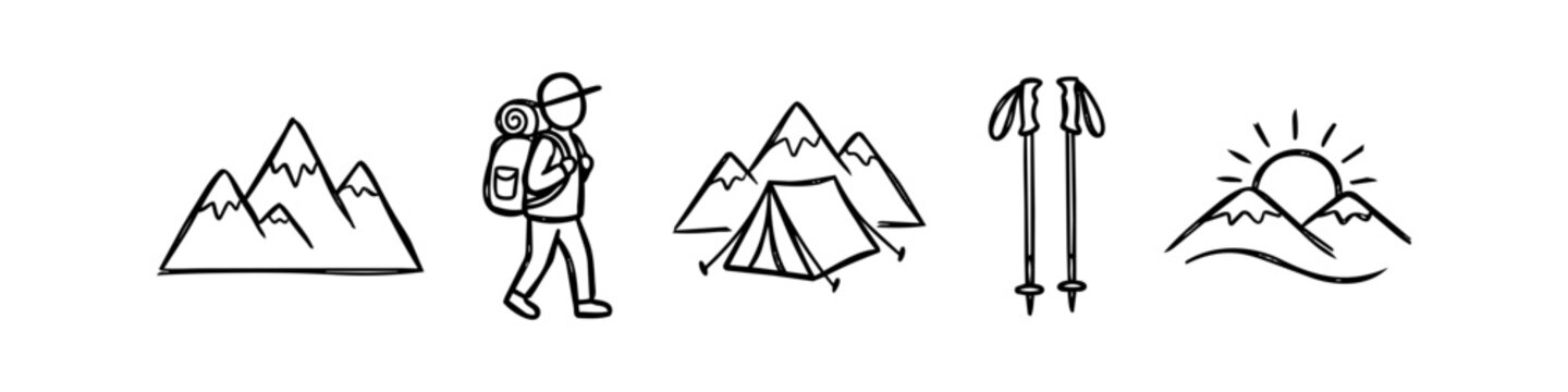 Set of hand-drawn hiking and camping icons featuring mountains, a backpacker, a tent, trekking poles, and a sun rising over peaks. Minimalist black line art for outdoor adventure themes.