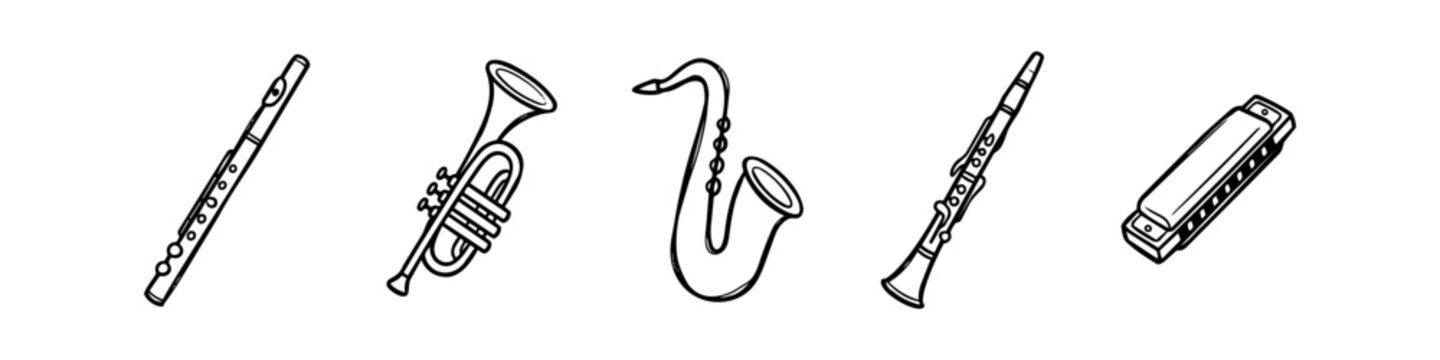 Hand-drawn vector illustration set of wind musical instruments: flute, trumpet, saxophone, clarinet, and harmonica. Minimalist doodle icons isolated on white background for music design.