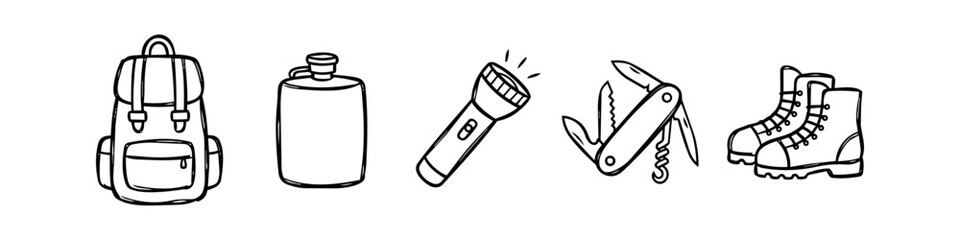 Set of hand-drawn camping and hiking gear icons including backpack, canteen, flashlight, multi-tool, and hiking boots. Black and white doodle style for outdoor adventure and travel themes. © Trends