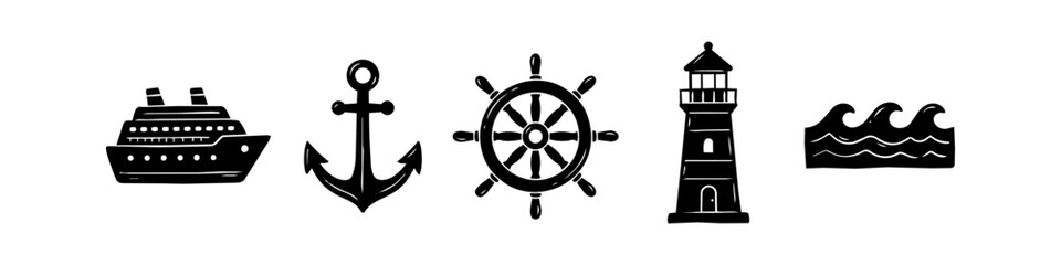 Nautical vector icon set featuring a hand-drawn cruise ship, anchor, helm, lighthouse, and sea waves. Minimalist black silhouettes for maritime travel and summer ocean themes. © Trends