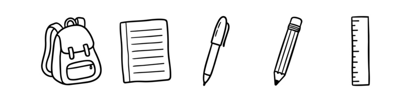 Hand-drawn school supplies icons including backpack, notebook, pen, pencil, and ruler. Minimalist black and white doodle set for educational and back to school designs.