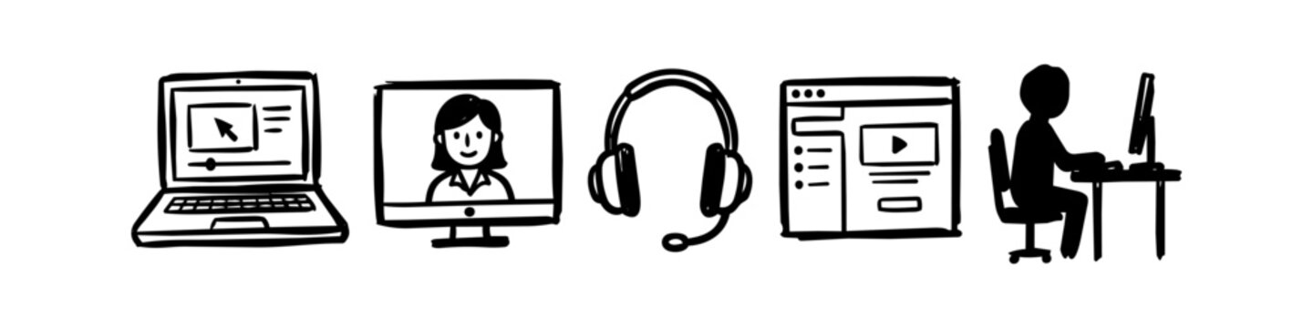 Hand-drawn icons set representing online education, e-learning, and remote work, including laptop, computer, headset, and person working at a desk. Black and white doodle style.