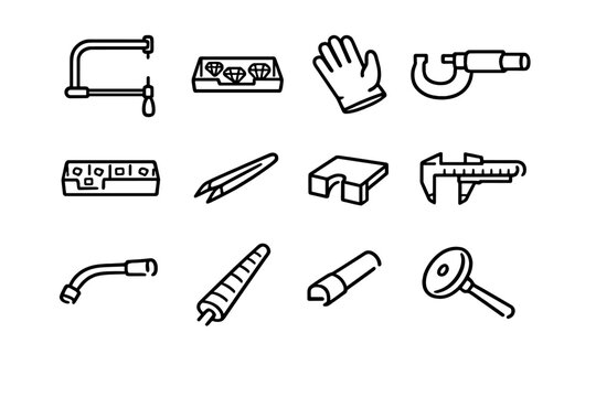 Jewelry making tools and equipment icons set including saw diamonds glove micrometer tweezers caliper and ring mandrel for goldsmith