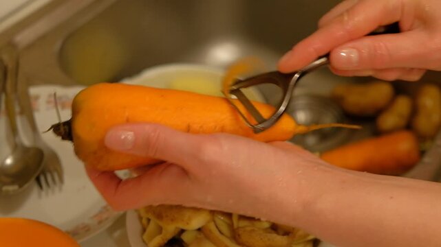 Man woman washing vegetables in sink vidga potatoes carrot hand movement products water faucet stainless steel sink