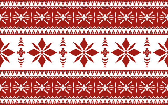 Thai Geometric Ethnic Seamless Pattern Background, Red and White Tribal Ornament for Textile Design, Traditional Southeast Asian Fabric Pattern, Abstract Folk Art Illustration for Wallpaper