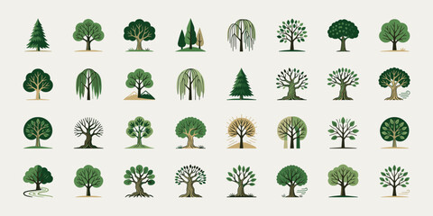 Fototapeta premium Illustration Set of Various Green Tree Types on a Light Background