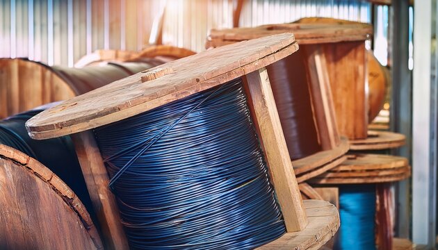 wire electric cable on wooden coil or spool in warehouse