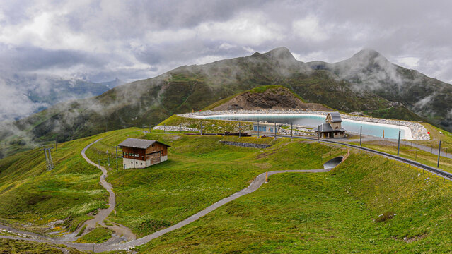 Alpine reservoir and hiking trails near Eigergletscher station
