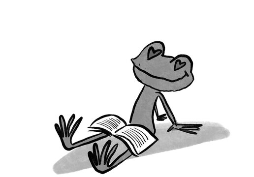 A Frog Reading a Book with Hearts in Its Eyes