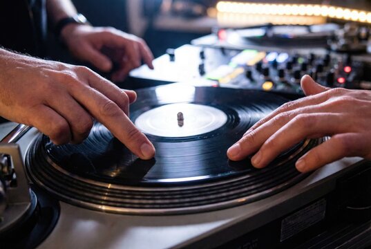 DJ hands mixing and scratching a black vinyl record on a turntable in a club
