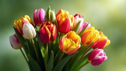 Fototapeta premium Multicolor tulip bouquet closeup with vibrant petals for spring greeting card background and floral banner design