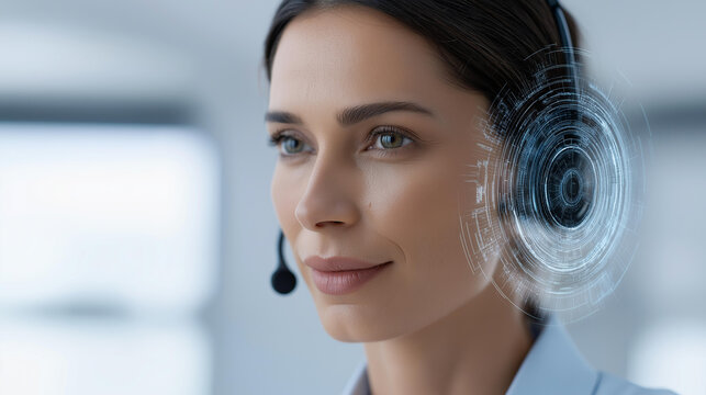 Woman with a headset and digital overlay representing AI customer support and virtual assistance in a call center, future technology concept, defocused background, with copy space