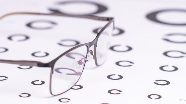 Glasses rest on an eye chart
