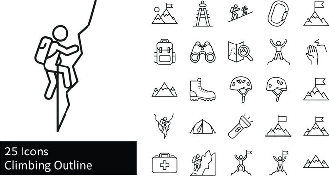 Climbing outline icons collection diverse gear and equipment for outdoor adventure