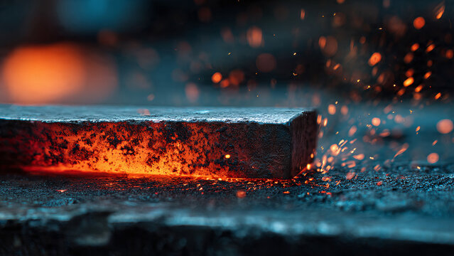 Macro shot of red-hot iron on a textured anvil with sparks, blacksmith craftsmanship.