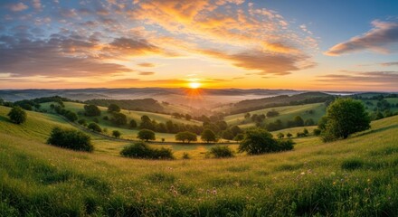 Fototapeta premium Panoramic landscape capturing a sunrise over rolling hills and lush greenery, soft morning light