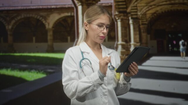 Woman doctor in white coat taps tablet while holding stethoscope in a building; focused clinical care.