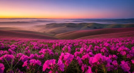 Fototapeta premium Sunrise over rolling hills, blanketed in vibrant magenta wildflowers