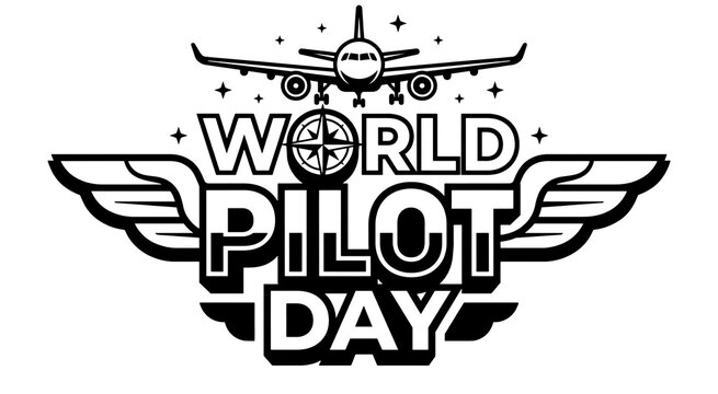 World Pilot Day emblem with airplane and wings, aviation celebration logo for international pilot day, black and white flight industry graphic