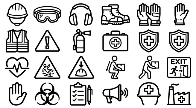 Industrial safety icons set, personal protective equipment PPE line art, construction site hazard signs and workplace health symbols collection