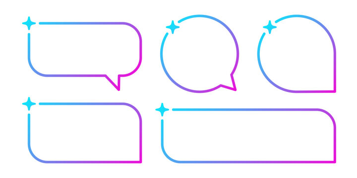 AI gradient rectangle speech bubble. Artificial intelligence neon chat box with star. Tech text frame with blue pink gradient. Neural network bar. Vector illustration isolated on white background.