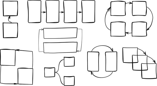 Hand drawn vector flowchart elements set. Infographic doodle elements, arrows, frames, and process diagrams for business presentations and creative designs.