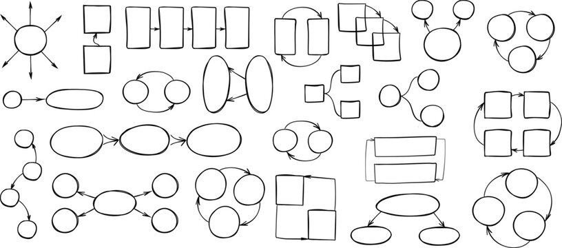 Set of hand-drawn doodle flowcharts and infographic diagram elements. Collection of sketched process charts, connection arrows, and circular cycles for business presentation. Vector illustration.