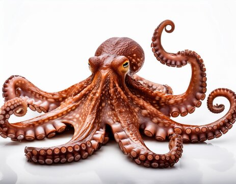 a remarkably detailed and textured brown octopus with prominent suckers on its eight arms is dynamically posed with limbs outstretched and curled showcasing its isolated on white background