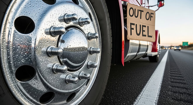 Close up of truck wheel and sign indicating out of fuel on highway. Industrial vehicle stranded due to energy supply disruption. Global gasoline crisis and economic impact on transportation.