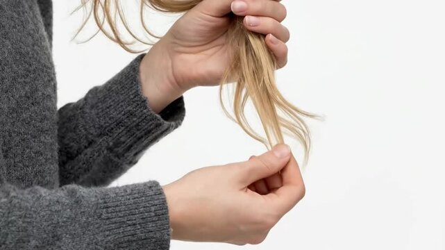 Close-up of Woman's Hands Examining Dry, Damaged Blonde Hair Strands