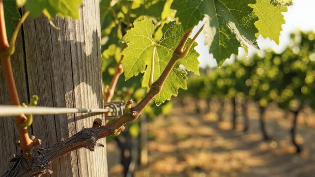 Vineyard Rows with Wooden Posts and Green Leaves in Sunlight.