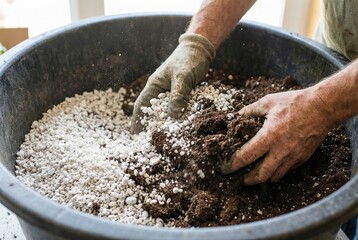 Fototapeta premium Hands wearing gardening gloves mixing white perlite into dark potting soil in a black tub