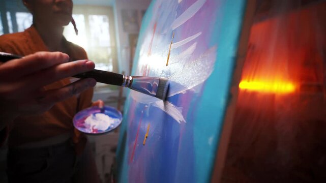 Painting Technique Demonstration, Studio Scene Showing Detailed Brushwork With Warm Lighting