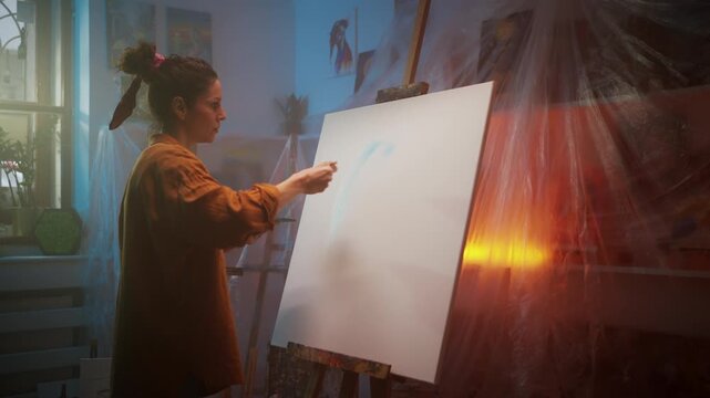 Studio Scene With Tranquil Painting, Artist Delicately Working On Broad Canvas With Gentle Lighting