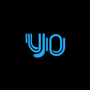 Bold, blue, stylized letters "yo" crafted from thin, parallel lines, set against a stark black backdrop