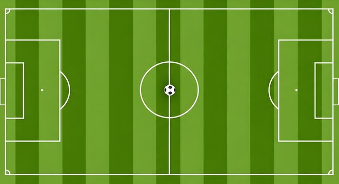 soccer field top view with penalty spots and center circle on green grass