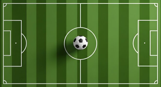 soccer ball on center field at empty green football pitch top view