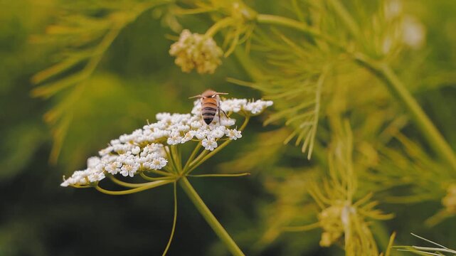 slow motion 4k footage of honey Bee picking up pollen caraway flower in the garden. Bee on cumin flowers