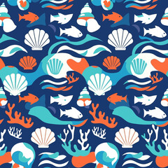 Fototapeta premium Seamless pattern of stylized marine life and ocean elements.