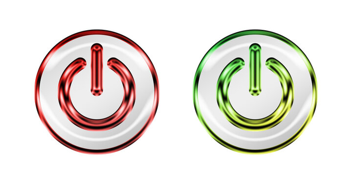 Red and Green Power Button Icons with Metallic Chrome Texture Isolated on White Background