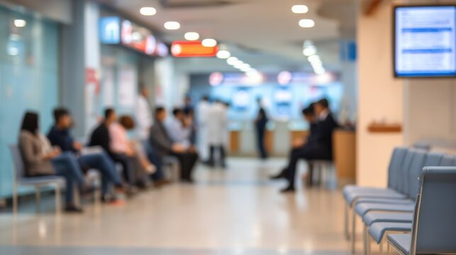 Kiosk at urgent care reception in focus with blurred people sitting in waiting area and clear directional signs on walls during evening hours.