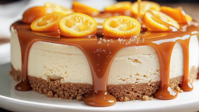 Delicious Caramel and Kumquat Cheesecake Dessert Closeup.