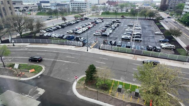 Closeup Aerial View of Traffic and Parking Lot in Downtown Detroit