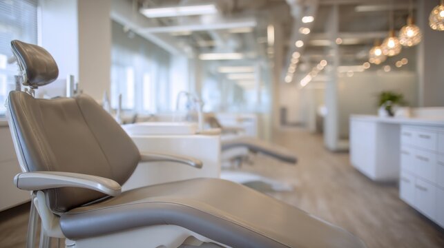 Single operatory dental chair highlighted in the frame with bright overhead light in crystal focus creating contrast against the softly blurred minimalist clinic walls.