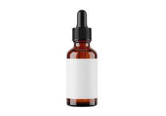 Fototapeta premium Brown glass dropper bottle with white label and amber liquid inside