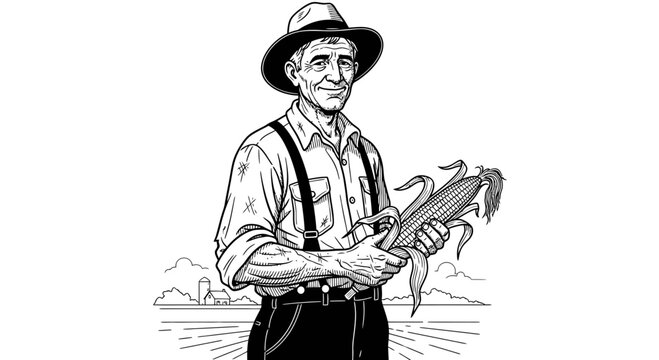Vintage Style Vector Illustration of a Senior Farmer Holding an Ear of Corn on a Rural Farm Landscape