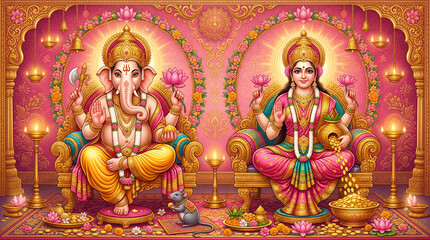 Fototapeta premium Lord Ganesha and Goddess Lakshmi Blessings 