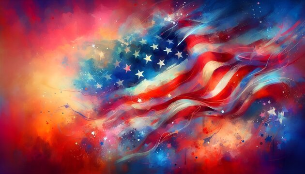 Colorful Art of Background with Semi-Distressed Grunge Aquarelle Painting of a National Symbol 50 Star American Flag Symbol from the United States USA Flags Blowing in Wind. 4th of July Celebrations.