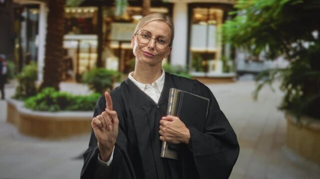 Woman judge in black robe and glasses points index finger while holding lawbook in building atrium lobby with planter and palm plants; authority justice.